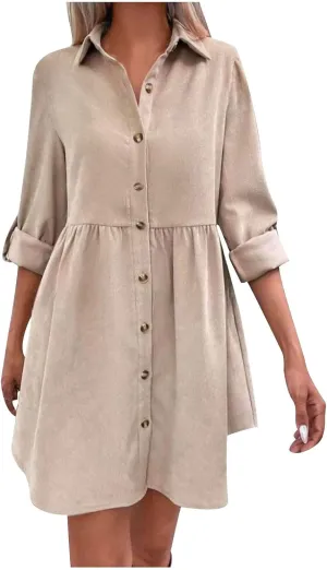 jsaierl Women Rolled Cuffed Long Sleeve Shirt Dress Button Down Shift Dress Pleated Midi Dress Loose Fit A Line Swing Dress