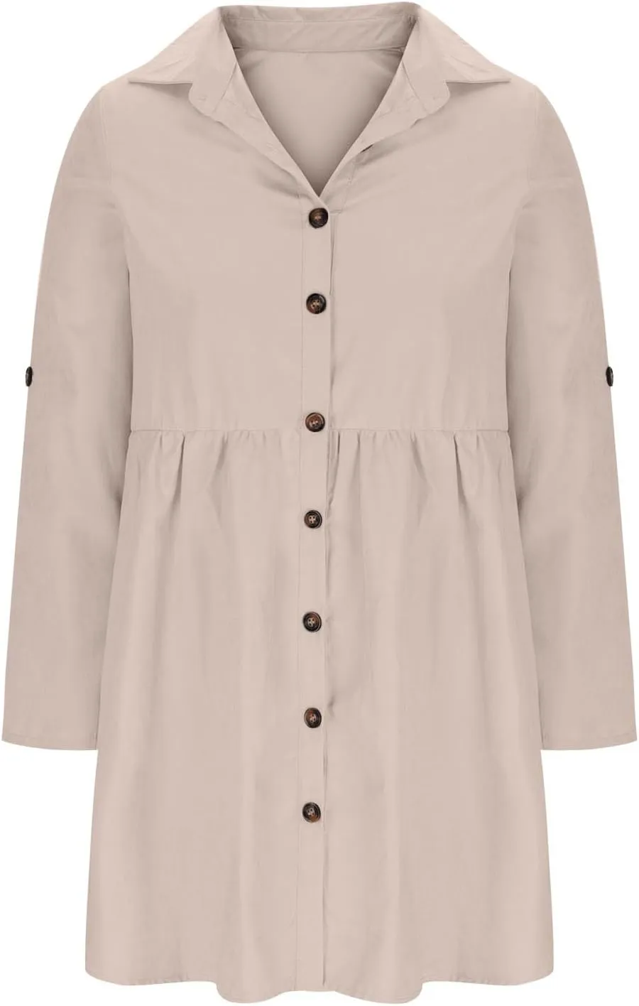 jsaierl Women Rolled Cuffed Long Sleeve Shirt Dress Button Down Shift Dress Pleated Midi Dress Loose Fit A Line Swing Dress