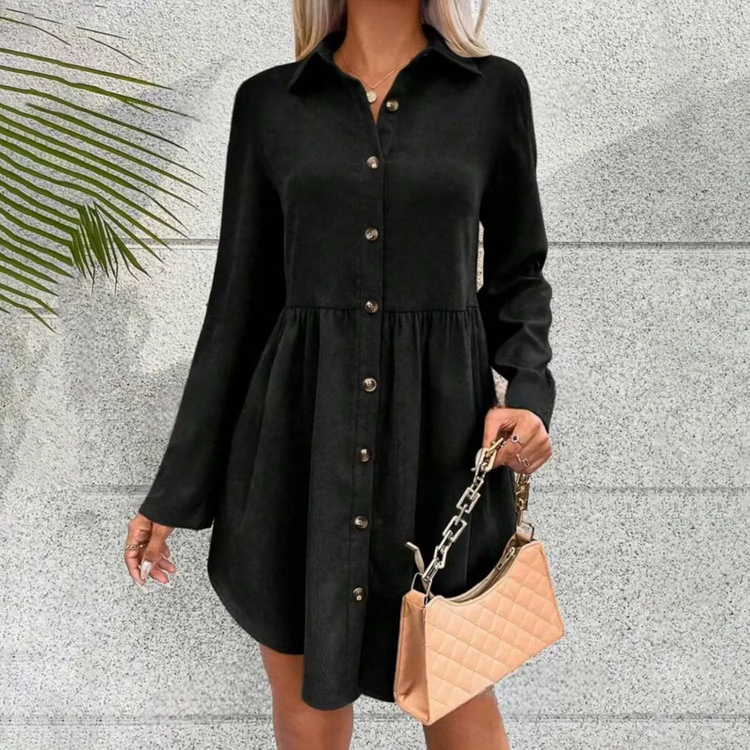 jsaierl Women Rolled Cuffed Long Sleeve Shirt Dress Button Down Shift Dress Pleated Midi Dress Loose Fit A Line Swing Dress