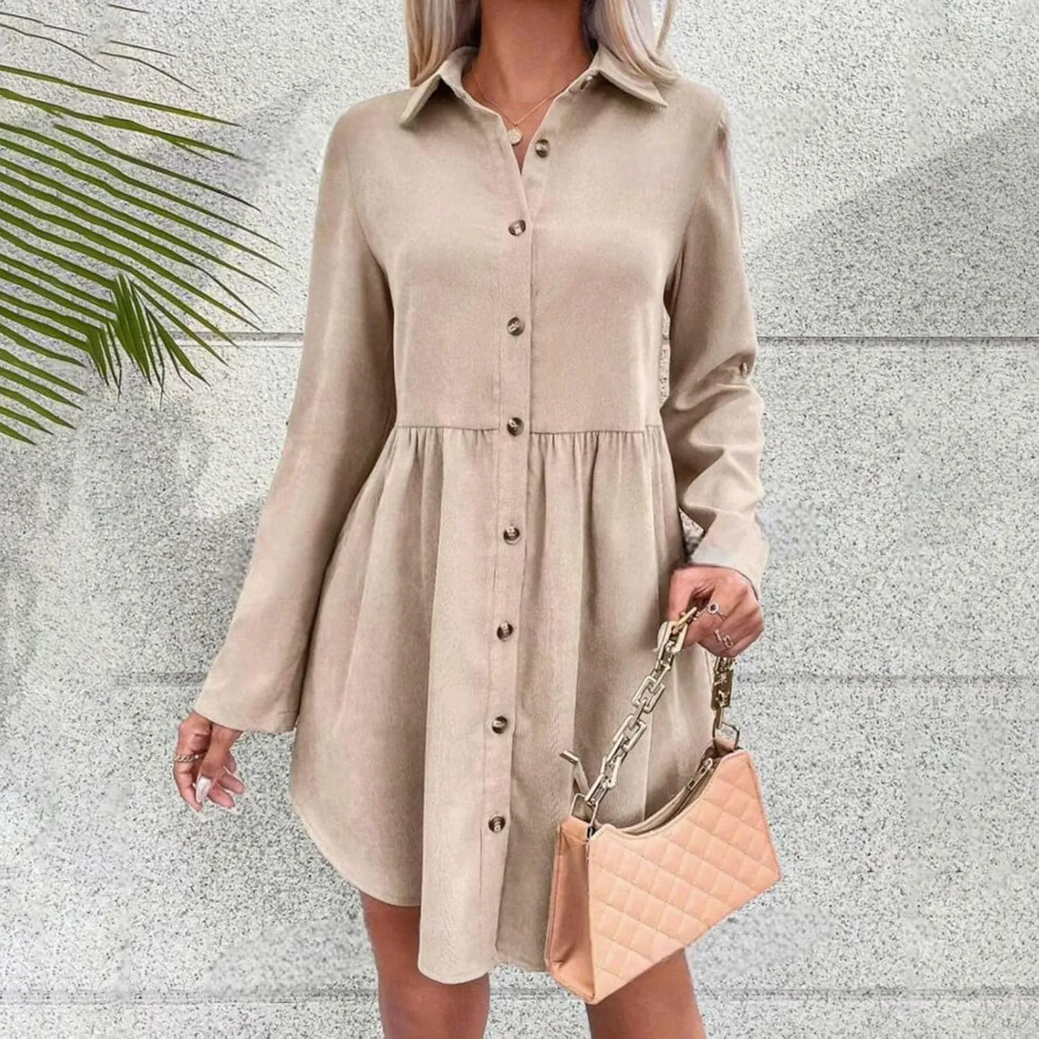 jsaierl Women Rolled Cuffed Long Sleeve Shirt Dress Button Down Shift Dress Pleated Midi Dress Loose Fit A Line Swing Dress