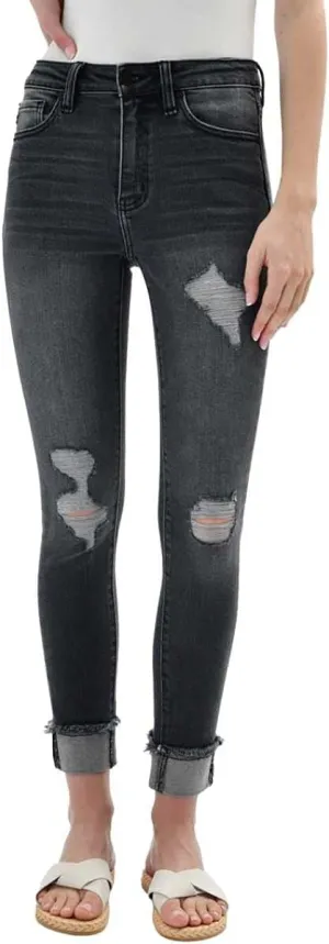 Kancan Women's High Rise Distressed Cuffed Ankle Skinny Jeans - KC7299