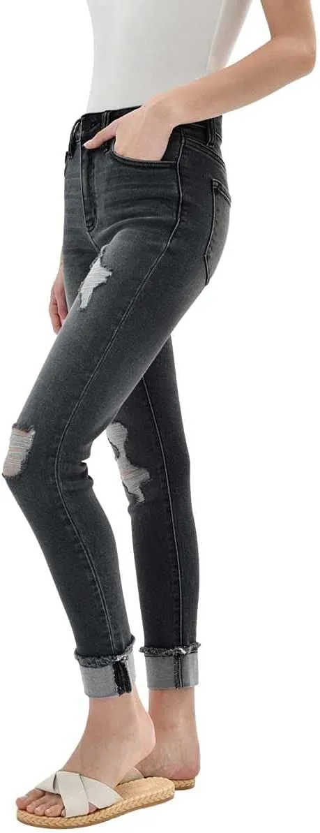 Kancan Women's High Rise Distressed Cuffed Ankle Skinny Jeans - KC7299