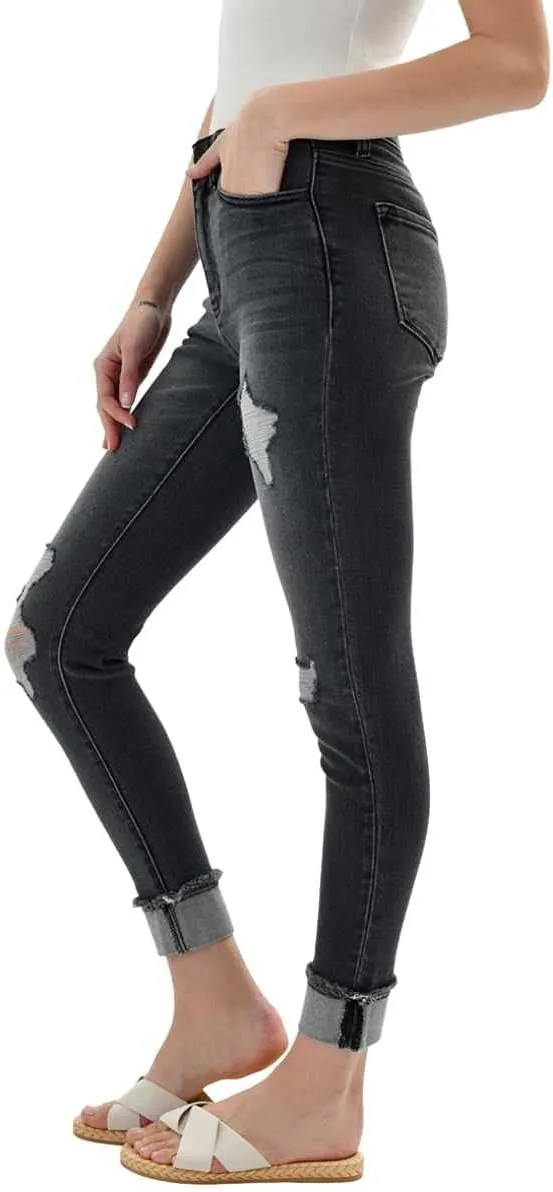 Kancan Women's High Rise Distressed Cuffed Ankle Skinny Jeans - KC7299