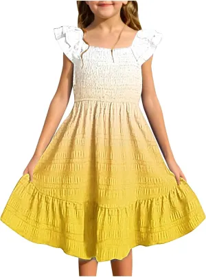 Kids Teen Girls Summer Dresses Smocked Sleeveless Sundresses Tulle Ruffle Square Neck Tiered Smocked
