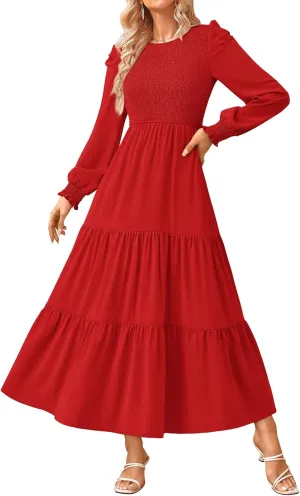 KIRUNDO Women Spring Wedding Guest Puff Long Sleeve Maxi Dress Casual Crew Neck Smocked Tiered A Line Flowy Long Dresses