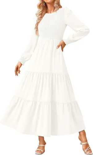 KIRUNDO Women Spring Wedding Guest Puff Long Sleeve Maxi Dress Casual Crew Neck Smocked Tiered A Line Flowy Long Dresses