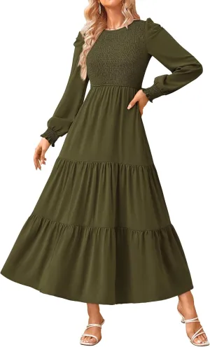 KIRUNDO Women Spring Wedding Guest Puff Long Sleeve Maxi Dress Casual Crew Neck Smocked Tiered A Line Flowy Long Dresses