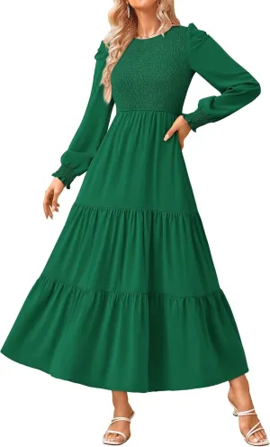 KIRUNDO Women Spring Wedding Guest Puff Long Sleeve Maxi Dress Casual Crew Neck Smocked Tiered A Line Flowy Long Dresses