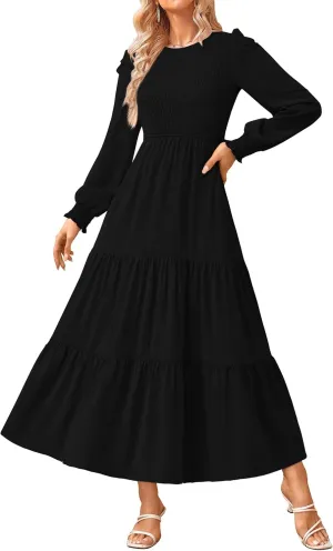 KIRUNDO Women Spring Wedding Guest Puff Long Sleeve Maxi Dress Casual Crew Neck Smocked Tiered A Line Flowy Long Dresses