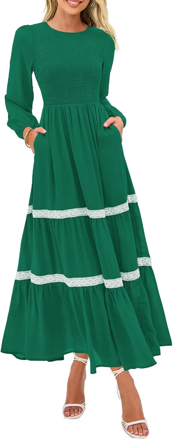 KIRUNDO Womens Smocked Long Sleeve Maxi Dress Wedding Guest Spring Fall Boho Tiered Lace Trim Flowy Long Dresses Pockets