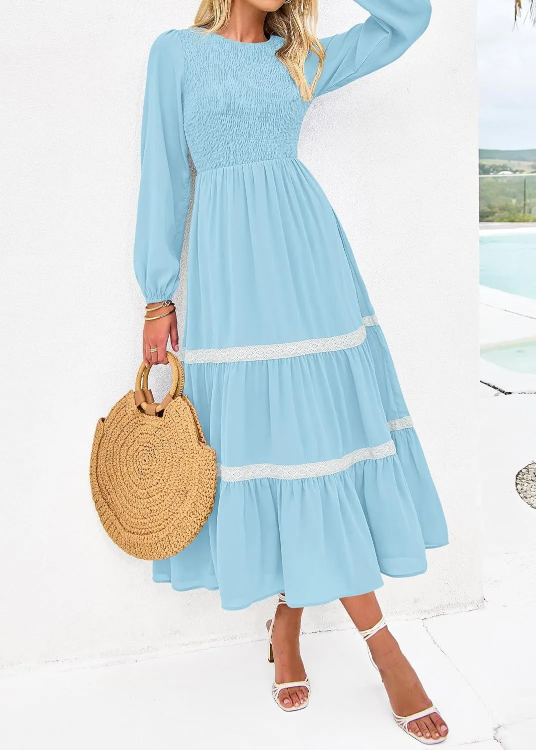 KIRUNDO Womens Smocked Long Sleeve Maxi Dress Wedding Guest Spring Fall Boho Tiered Lace Trim Flowy Long Dresses Pockets