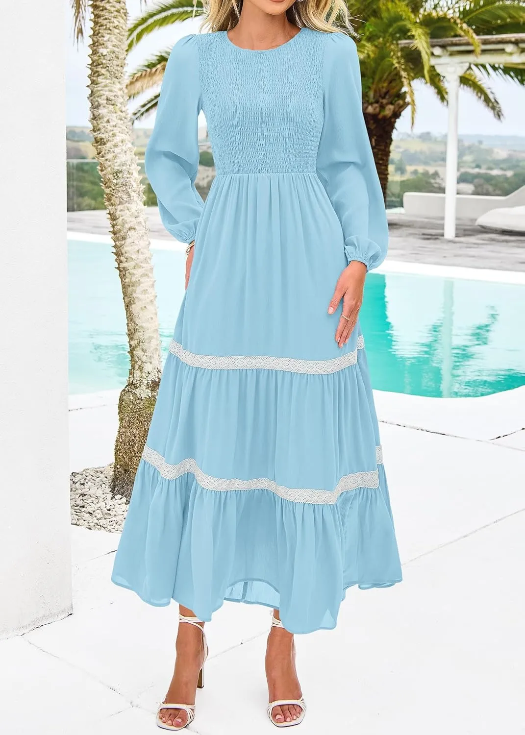 KIRUNDO Womens Smocked Long Sleeve Maxi Dress Wedding Guest Spring Fall Boho Tiered Lace Trim Flowy Long Dresses Pockets