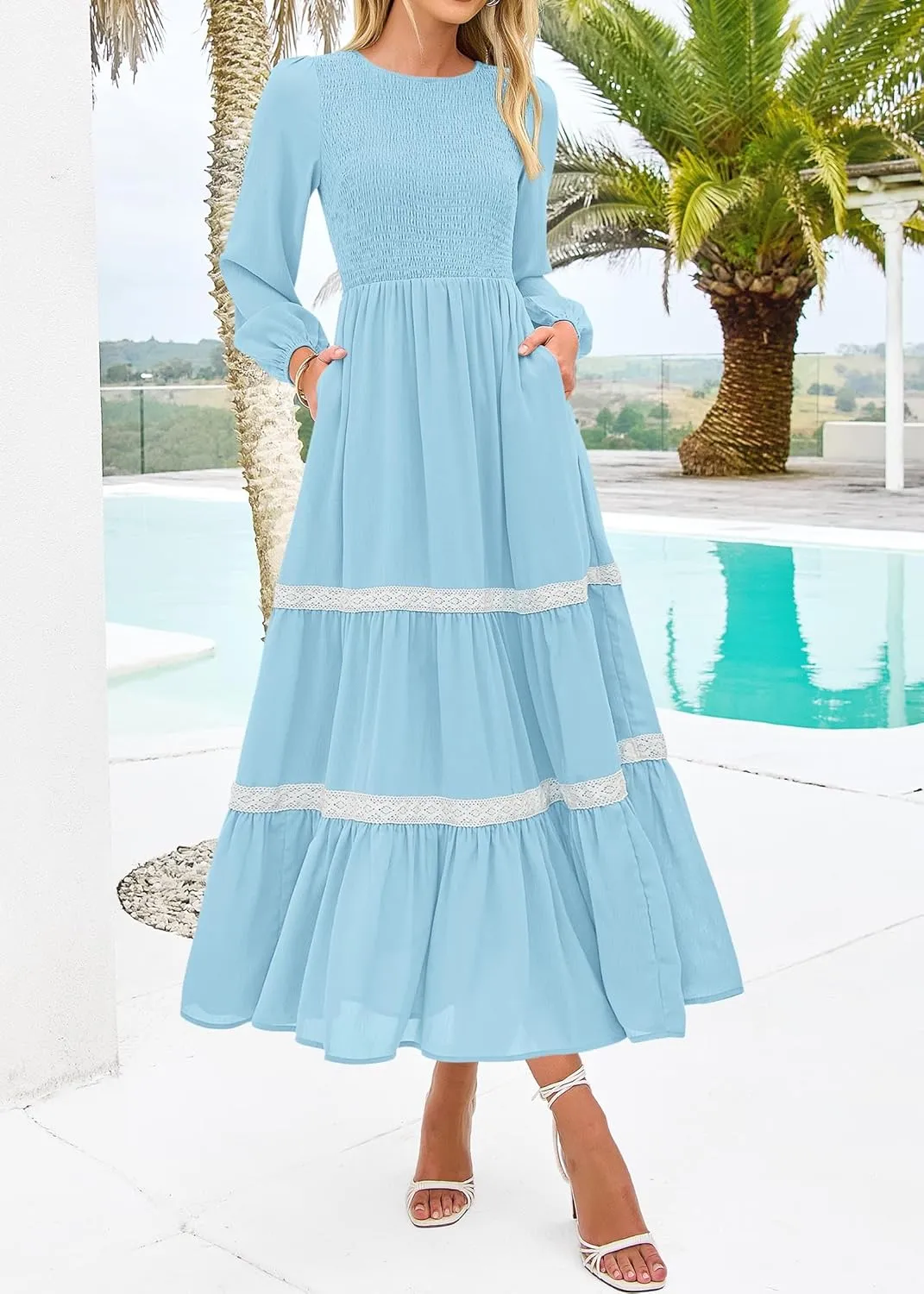 KIRUNDO Womens Smocked Long Sleeve Maxi Dress Wedding Guest Spring Fall Boho Tiered Lace Trim Flowy Long Dresses Pockets