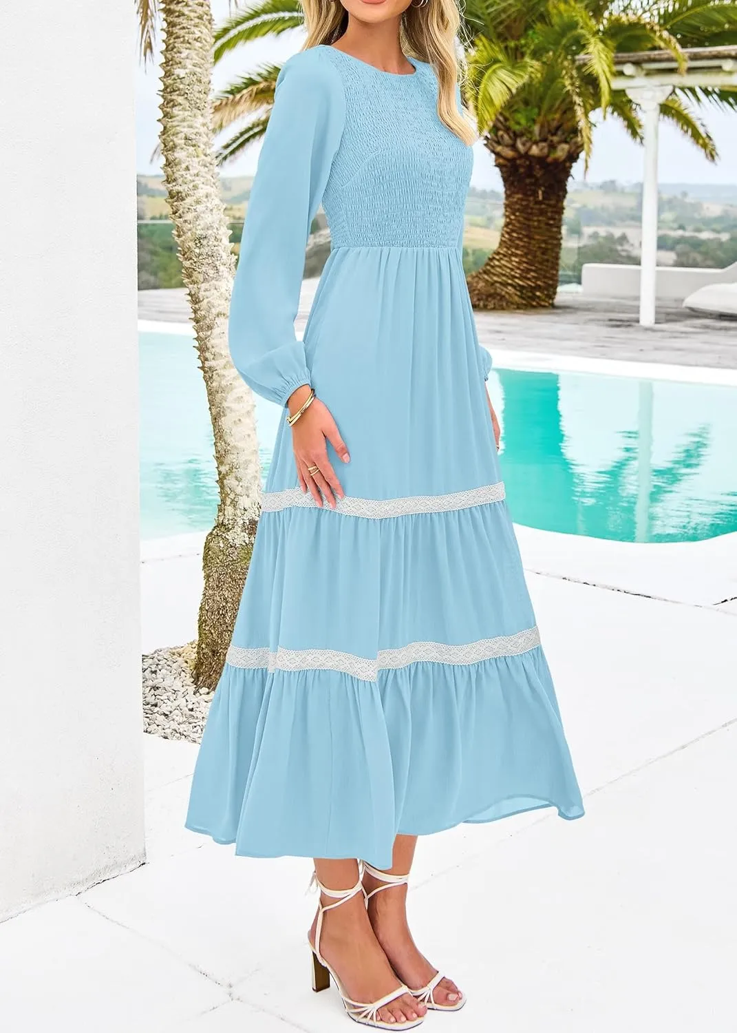 KIRUNDO Womens Smocked Long Sleeve Maxi Dress Wedding Guest Spring Fall Boho Tiered Lace Trim Flowy Long Dresses Pockets
