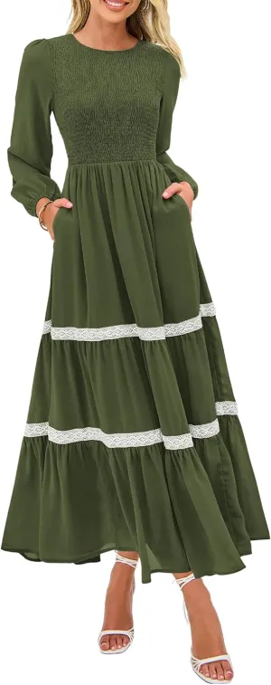 KIRUNDO Womens Smocked Long Sleeve Maxi Dress Wedding Guest Spring Fall Boho Tiered Lace Trim Flowy Long Dresses Pockets