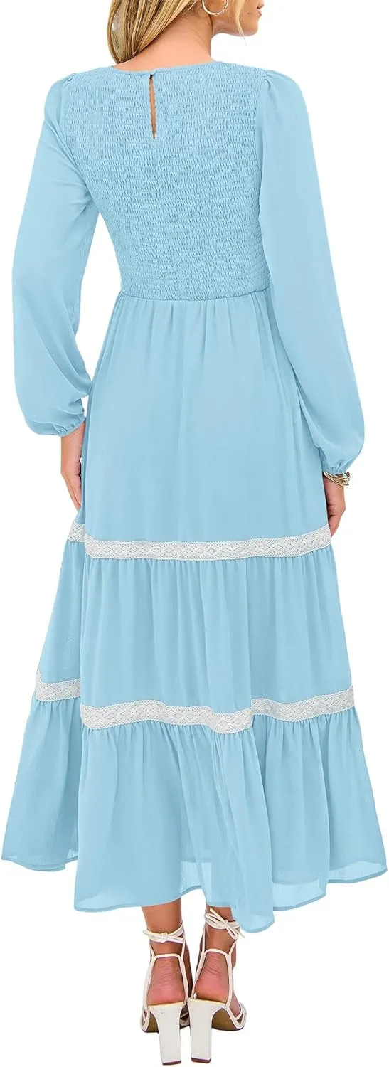 KIRUNDO Womens Smocked Long Sleeve Maxi Dress Wedding Guest Spring Fall Boho Tiered Lace Trim Flowy Long Dresses Pockets