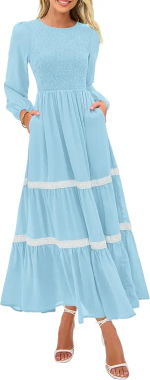 KIRUNDO Womens Smocked Long Sleeve Maxi Dress Wedding Guest Spring Fall Boho Tiered Lace Trim Flowy Long Dresses Pockets