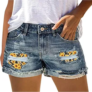 KUIOLYPOER Mid Rise Jean Shorts Women Patch Casual Rolled Hem Distressed Jean Ripped Frayed Folded Cutoff Denim Shorts