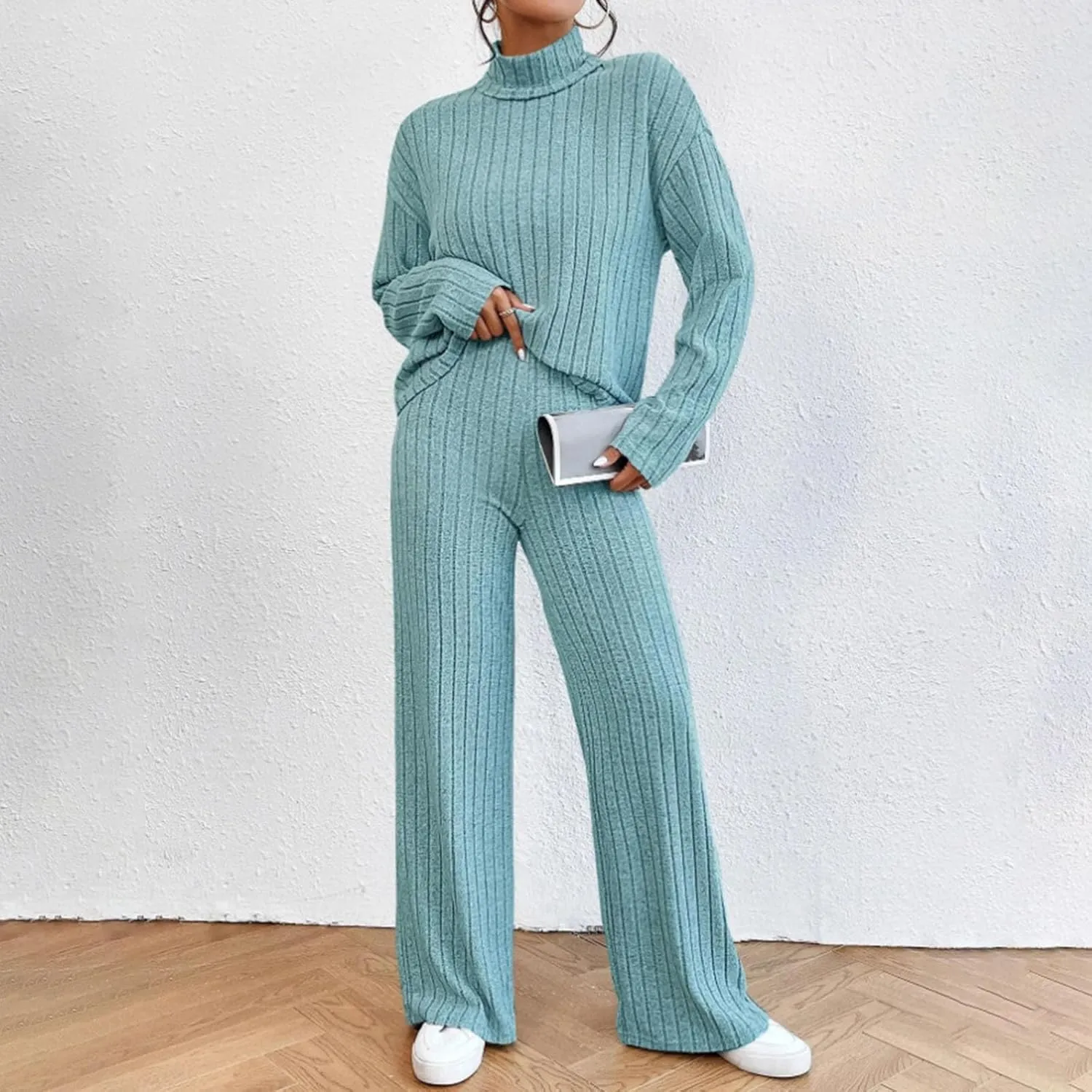 Lastesso Sweat Sets for Women 2 Piece High Neck Long Sleeve Pullovers Wid Leg Pants Soft Knit Solid Loungewear Outfits