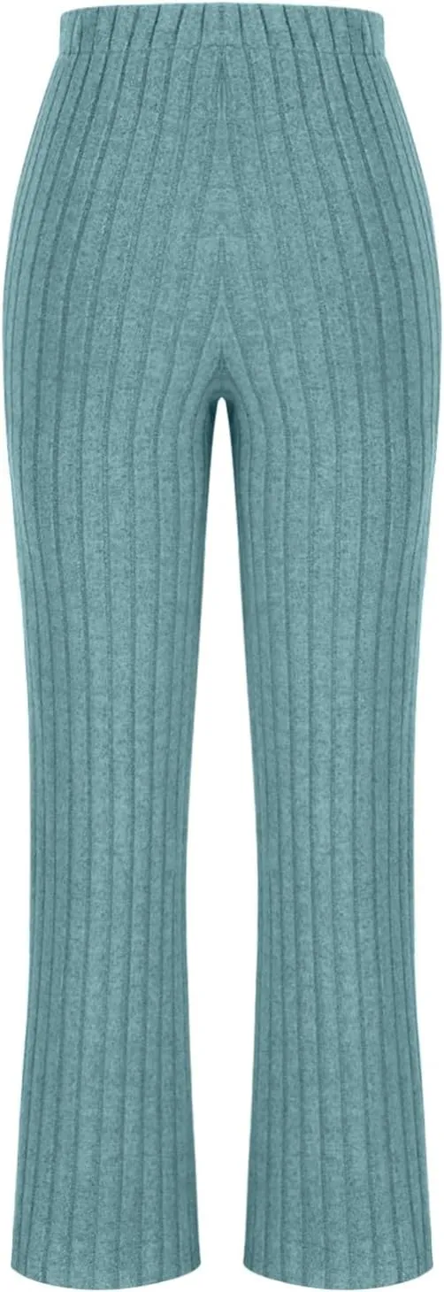 Lastesso Sweat Sets for Women 2 Piece High Neck Long Sleeve Pullovers Wid Leg Pants Soft Knit Solid Loungewear Outfits
