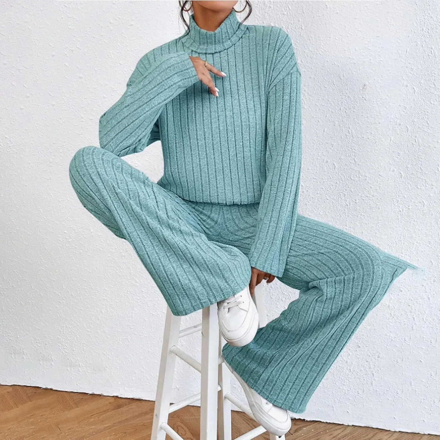 Lastesso Sweat Sets for Women 2 Piece High Neck Long Sleeve Pullovers Wid Leg Pants Soft Knit Solid Loungewear Outfits