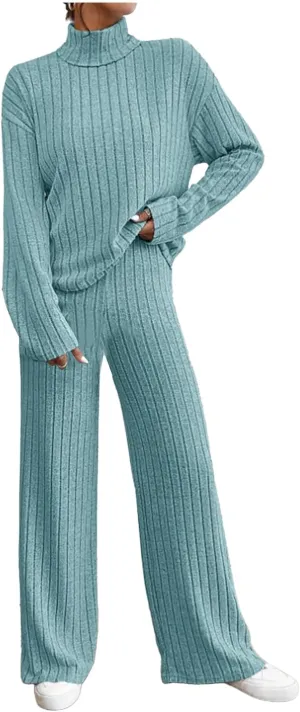 Lastesso Sweat Sets for Women 2 Piece High Neck Long Sleeve Pullovers Wid Leg Pants Soft Knit Solid Loungewear Outfits