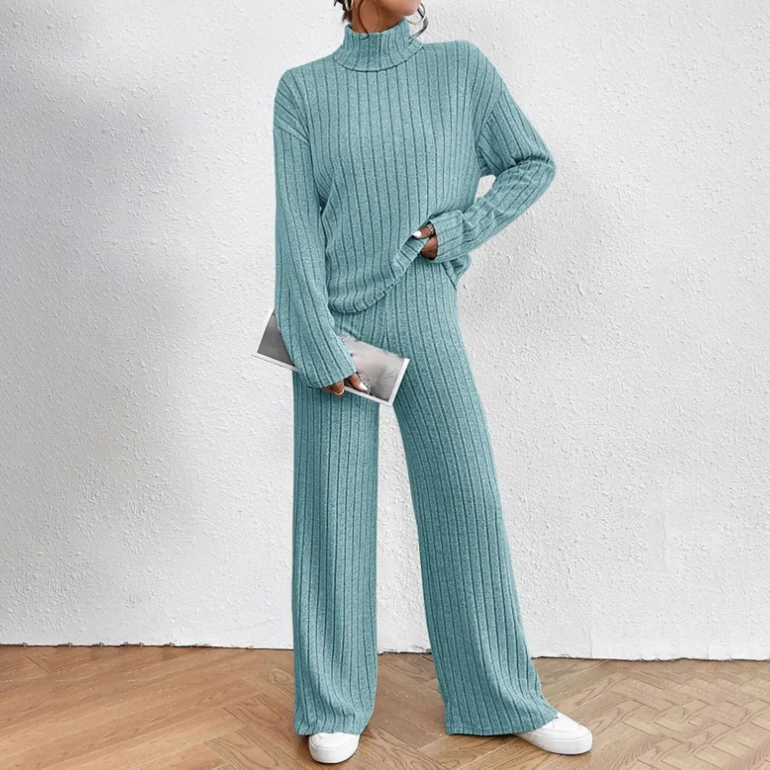 Lastesso Sweat Sets for Women 2 Piece High Neck Long Sleeve Pullovers Wid Leg Pants Soft Knit Solid Loungewear Outfits