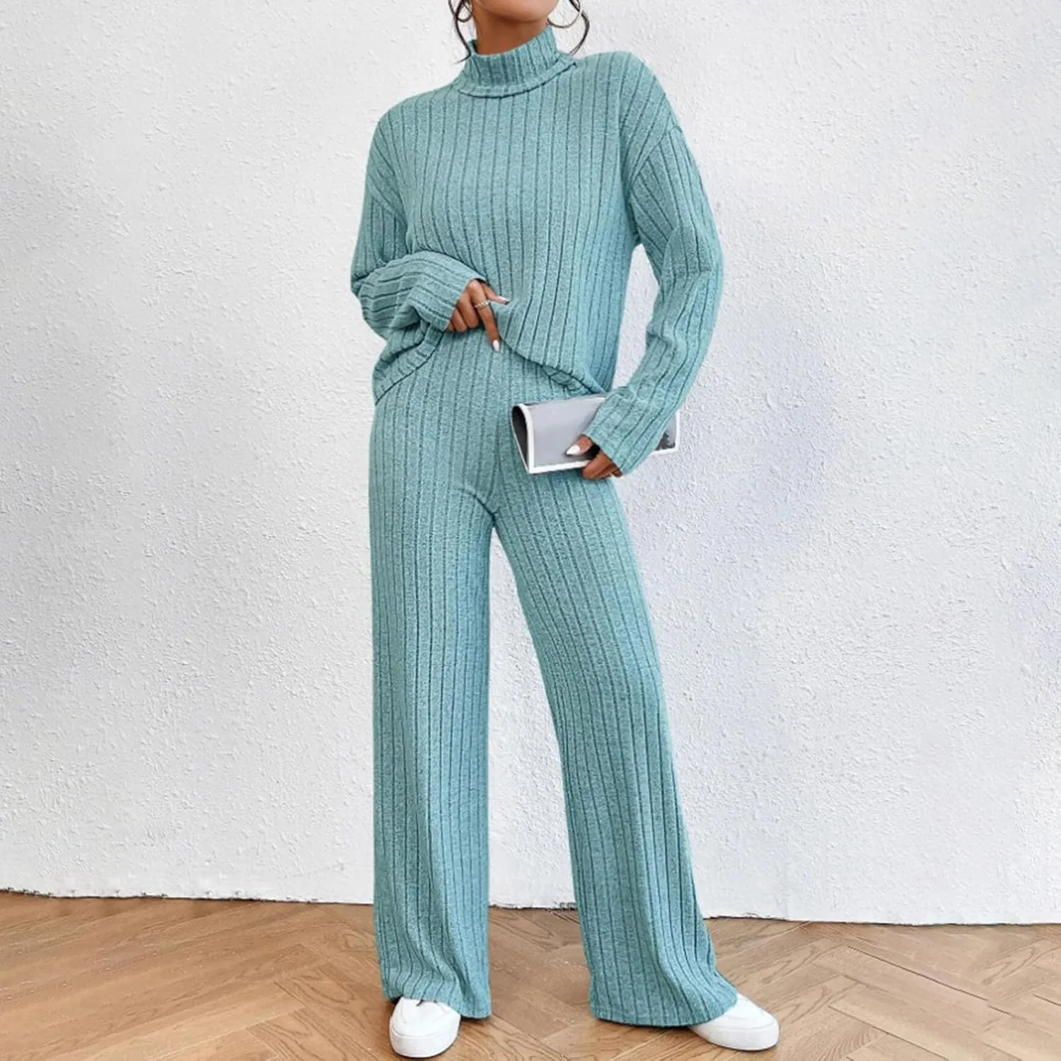 Lastesso Sweat Sets for Women 2 Piece High Neck Long Sleeve Pullovers Wid Leg Pants Soft Knit Solid Loungewear Outfits