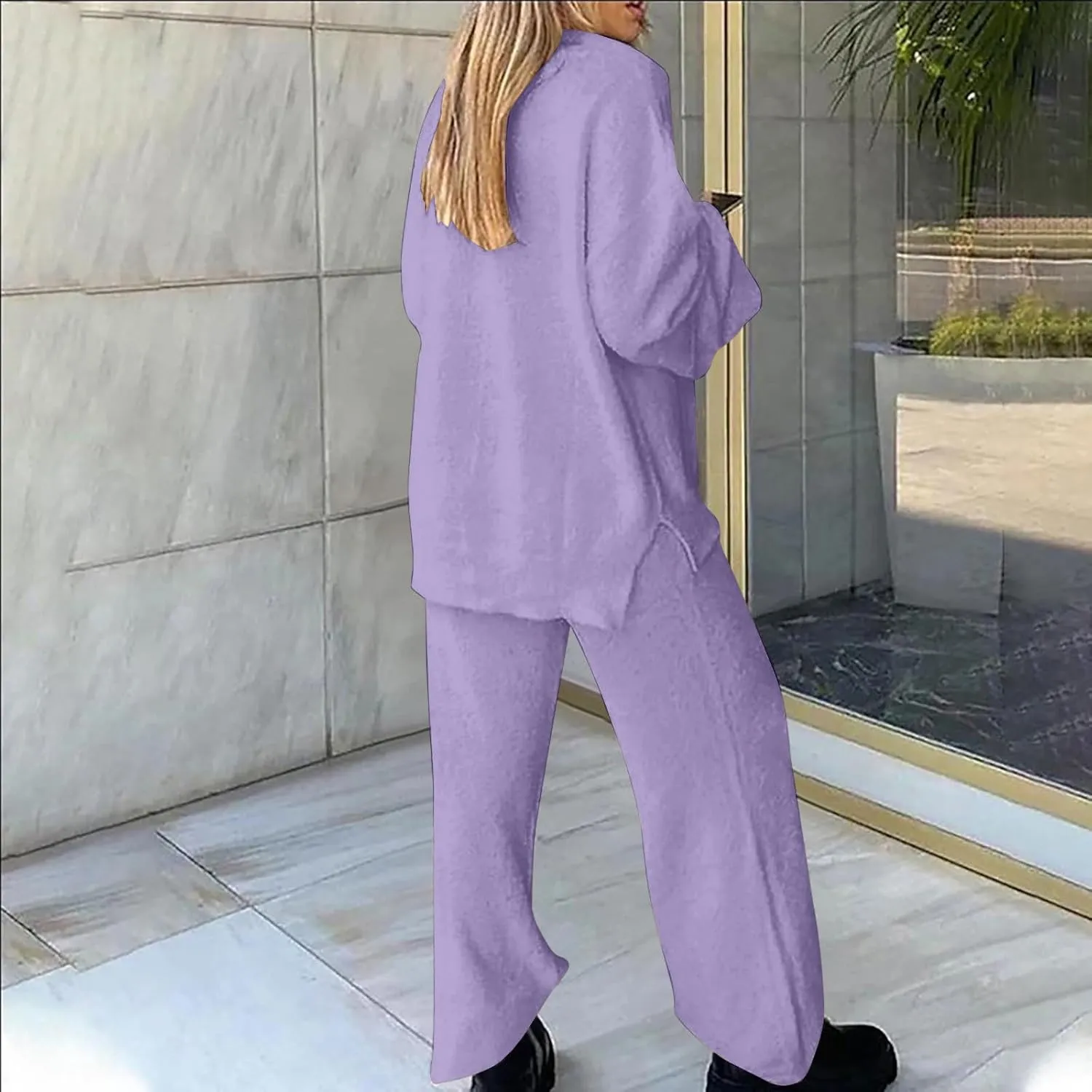 Lastesso Two Piece Sets for Women Loose Size Loungewear Soft Long Sleeve V Neck Homewear Outfits Baggy Wid Leg Slacks