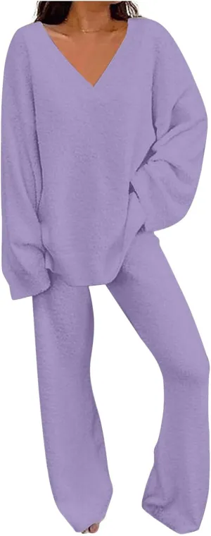 Lastesso Two Piece Sets for Women Loose Size Loungewear Soft Long Sleeve V Neck Homewear Outfits Baggy Wid Leg Slacks