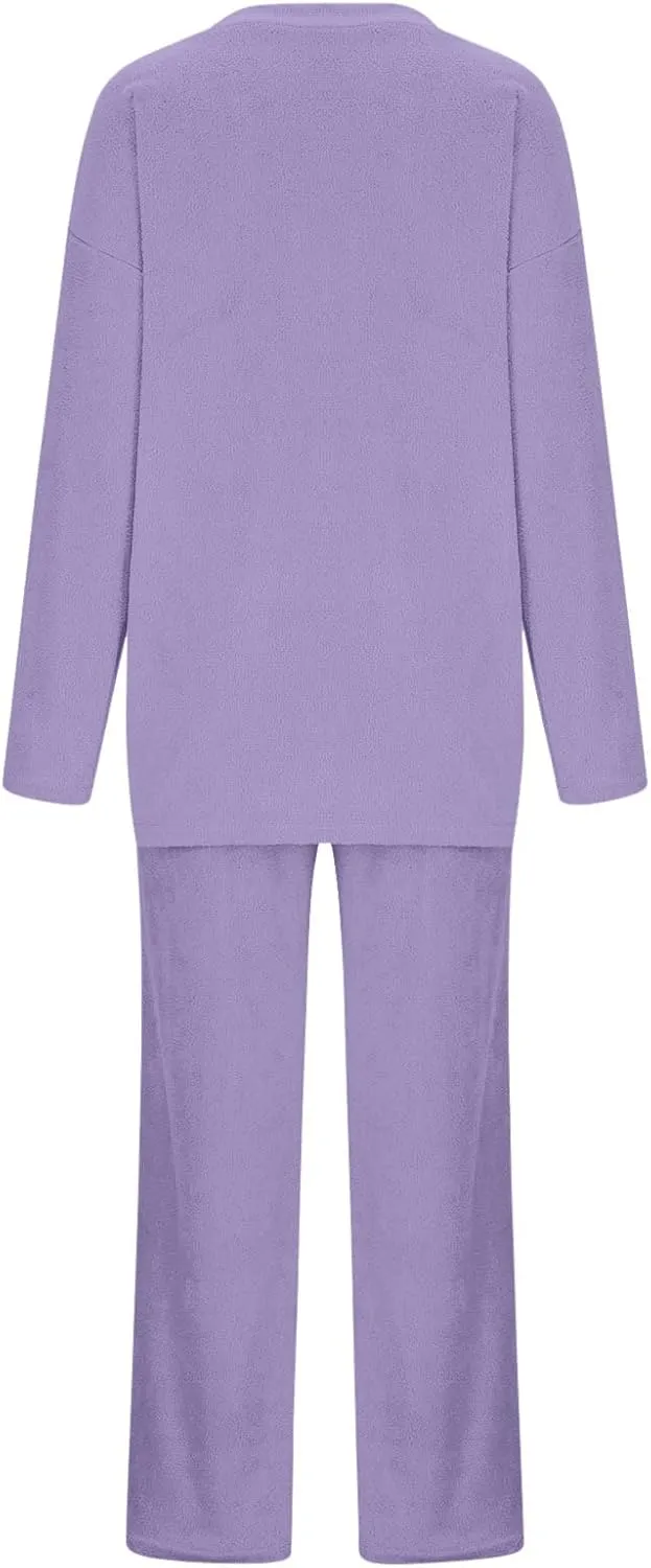 Lastesso Two Piece Sets for Women Loose Size Loungewear Soft Long Sleeve V Neck Homewear Outfits Baggy Wid Leg Slacks