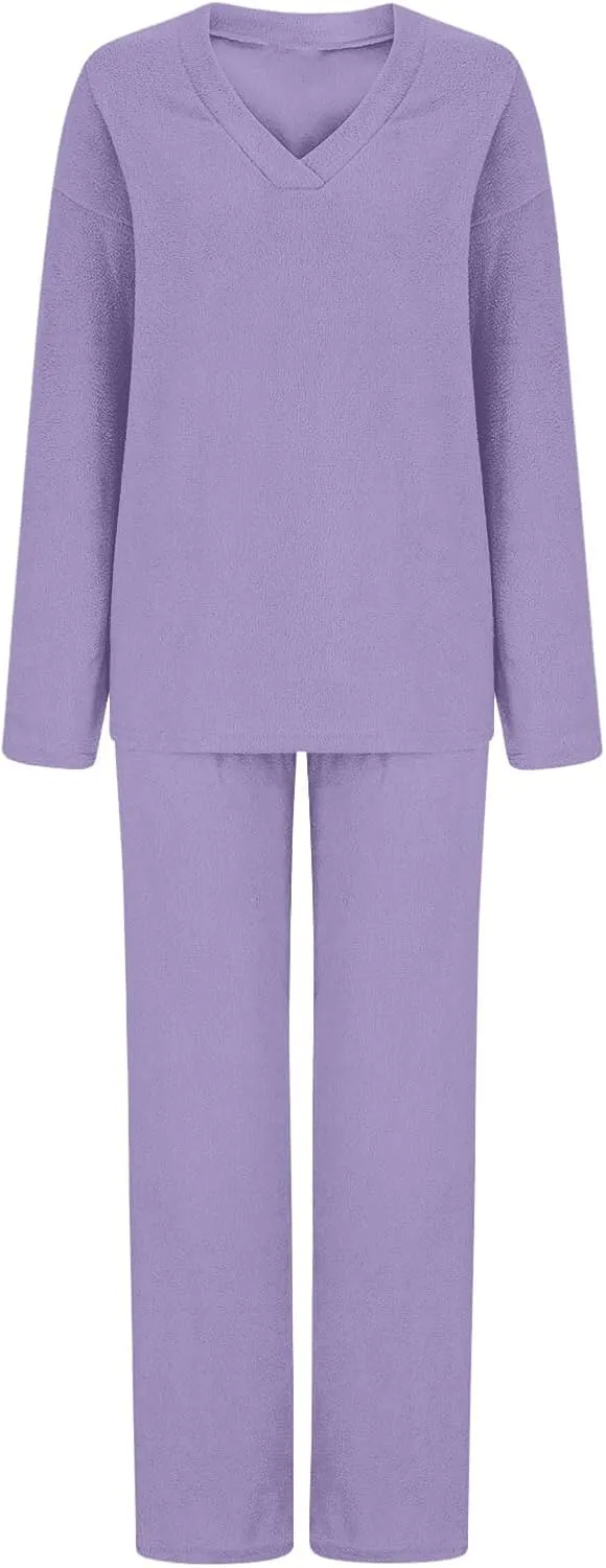 Lastesso Two Piece Sets for Women Loose Size Loungewear Soft Long Sleeve V Neck Homewear Outfits Baggy Wid Leg Slacks