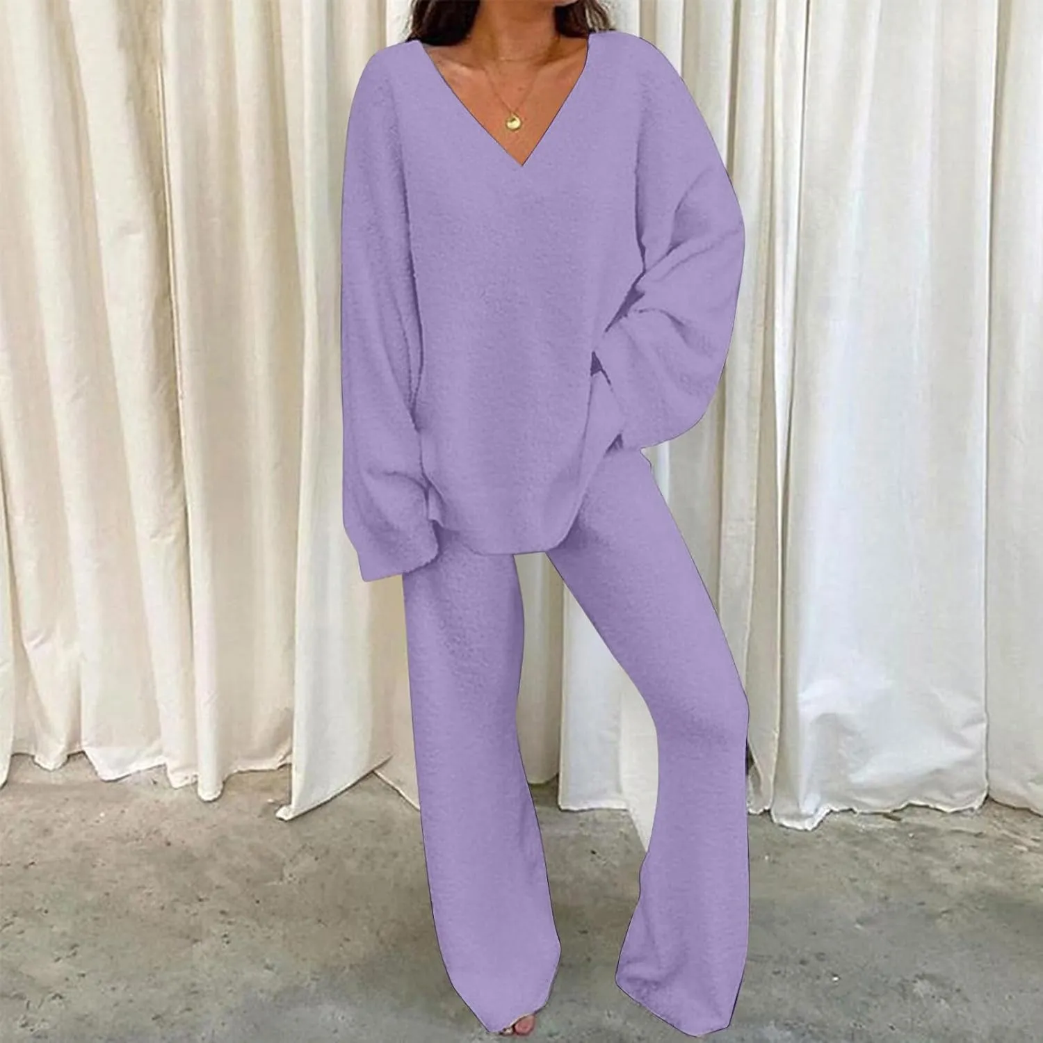 Lastesso Two Piece Sets for Women Loose Size Loungewear Soft Long Sleeve V Neck Homewear Outfits Baggy Wid Leg Slacks