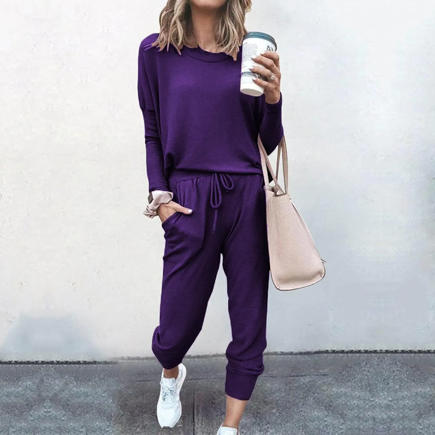 Lastesso Womens 2 Piece Sweatsuits Set Lightweight Loungewear Crewneck Loose Pullover Cozy Active Jogger Pants Soft Tracksuit