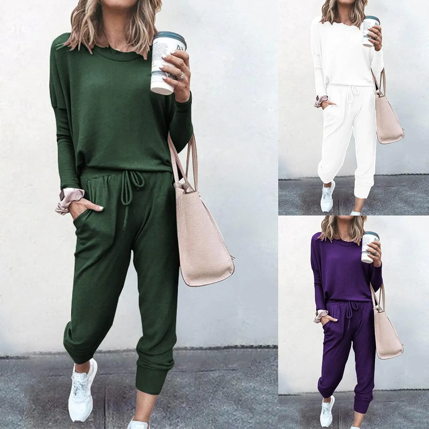 Lastesso Womens 2 Piece Sweatsuits Set Lightweight Loungewear Crewneck Loose Pullover Cozy Active Jogger Pants Soft Tracksuit