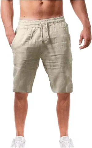 LEIYAN Mens Cotton Linen Shorts Casual Stretch Waist Drawstring Capri Yoga Shorts Active Workout Lounge Shorts