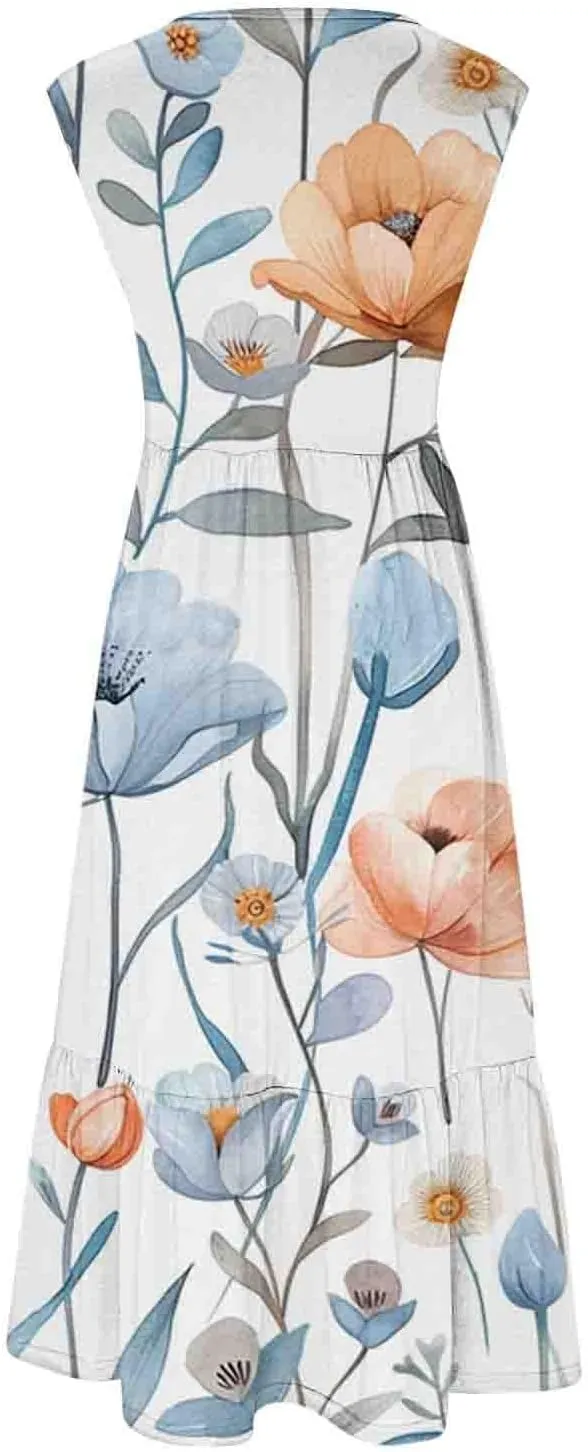 LEMONONSTORE Summer Dresses for Women 2025 Casual Below-Knee Pleated Swing Tank Dress Loose Fit Pocketed Boho Beach Sundress
