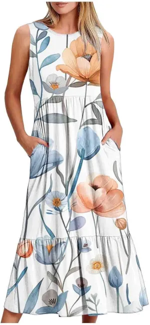 LEMONONSTORE Summer Dresses for Women 2025 Casual Below-Knee Pleated Swing Tank Dress Loose Fit Pocketed Boho Beach Sundress