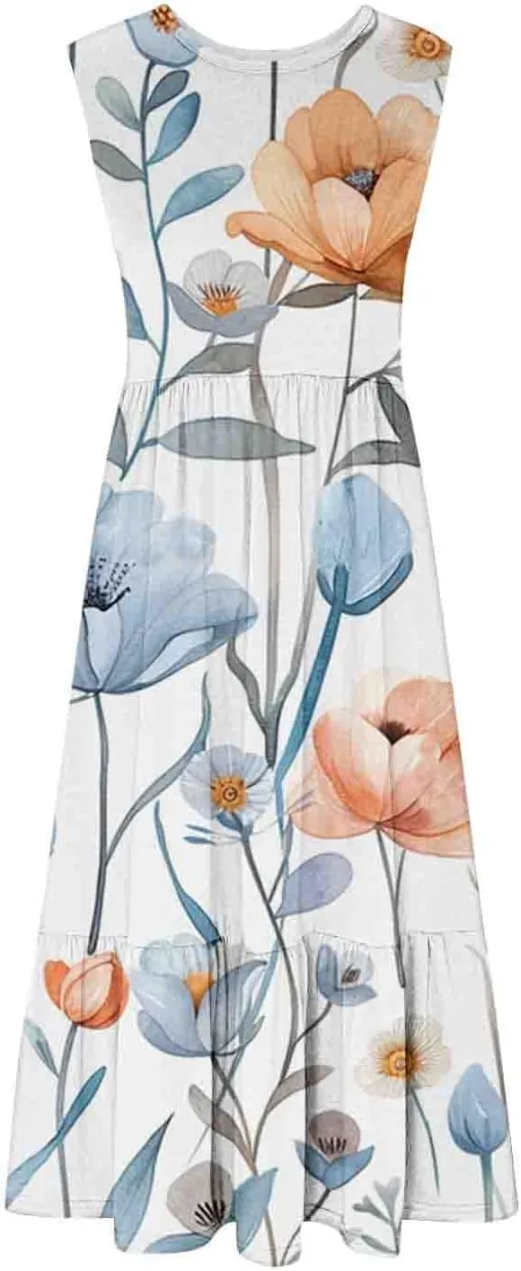 LEMONONSTORE Summer Dresses for Women 2025 Casual Below-Knee Pleated Swing Tank Dress Loose Fit Pocketed Boho Beach Sundress