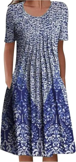 LFEOOST Long Dress for Women Summer Fashion Casual Short Sleeve Round Neck Floral Print Loose Beach Dress with Pocket