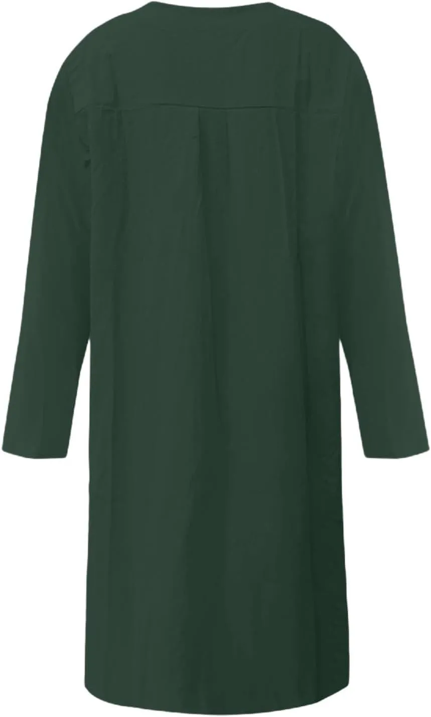 Linen Cotton Dresses for Women 2025 Button Shirt Dress Long Sleeve Round Neck Dressy Casual Mini Dresses with Pockets