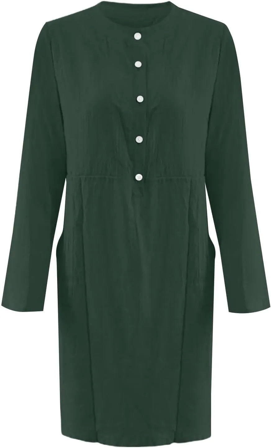 Linen Cotton Dresses for Women 2025 Button Shirt Dress Long Sleeve Round Neck Dressy Casual Mini Dresses with Pockets