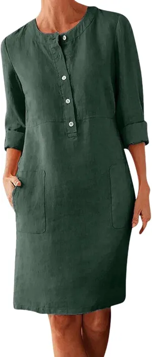 Linen Cotton Dresses for Women 2025 Button Shirt Dress Long Sleeve Round Neck Dressy Casual Mini Dresses with Pockets