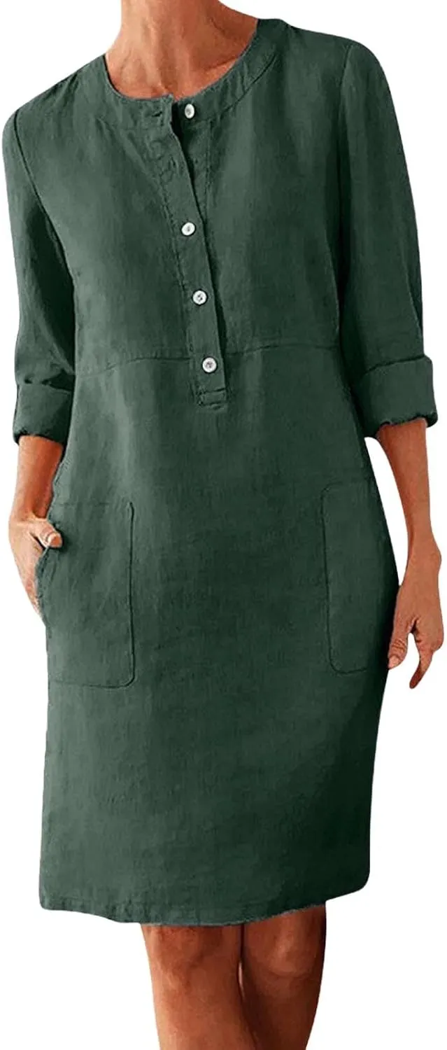 Linen Cotton Dresses for Women 2025 Button Shirt Dress Long Sleeve Round Neck Dressy Casual Mini Dresses with Pockets