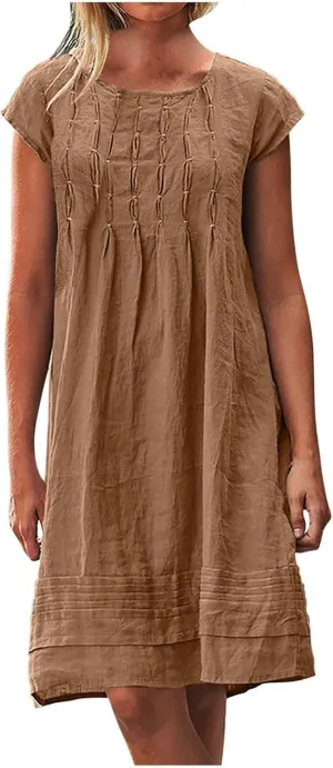 Linen Dress for Women Pleated Summer Dresses Short Sleeve Crewneck Slim Mini Dresses Petite Beach Vacation Sundress