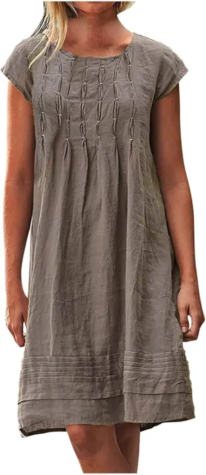 Linen Dress for Women Summer Pleated a Line Travel Sundress Crewneck Short Sleeve Dresses Vacation Casual Dress 2025