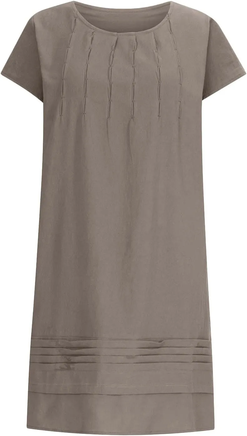 Linen Dress for Women Summer Pleated a Line Travel Sundress Crewneck Short Sleeve Dresses Vacation Casual Dress 2025