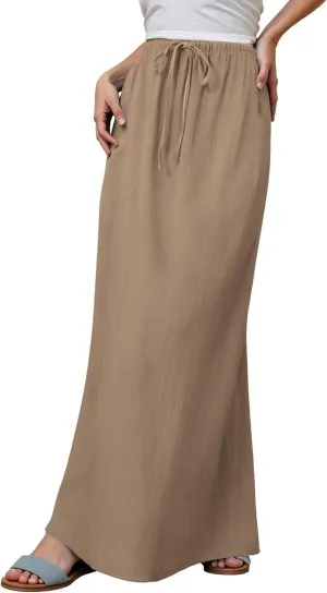 Linen Maxi Skirts for Women Summer Drawstring Waist A Line Skirts Cute Vacation Boho Beach Long Flowy Skirts