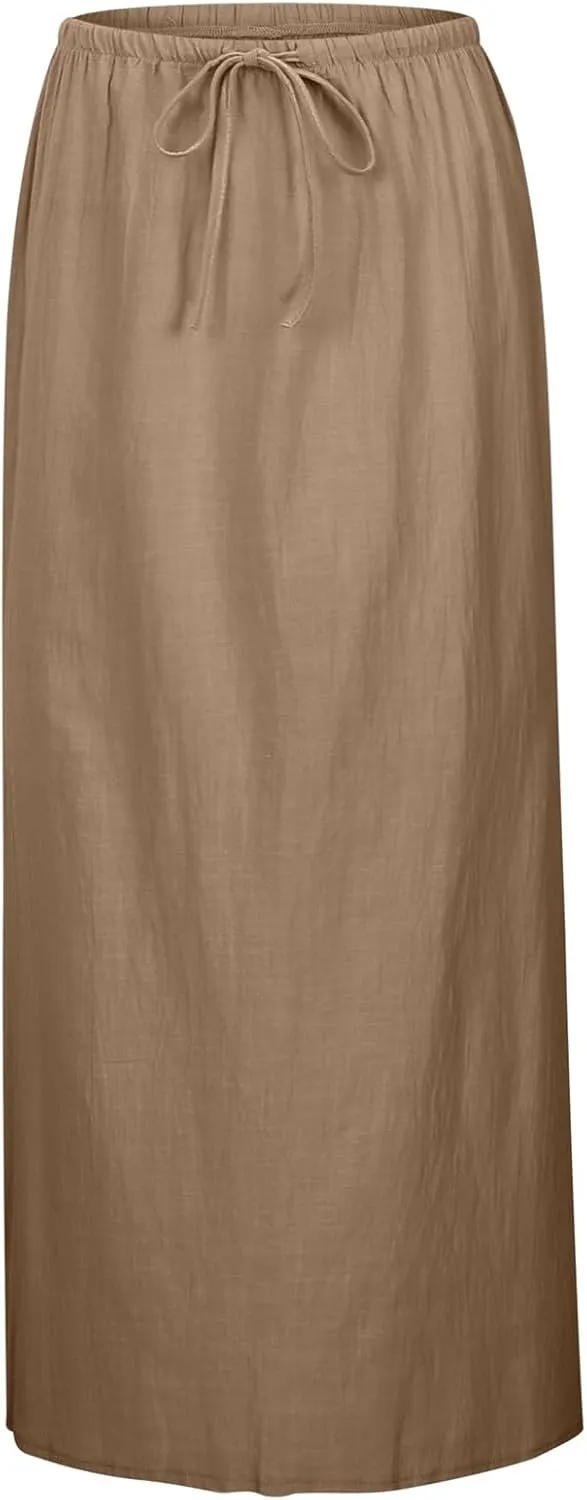 Linen Maxi Skirts for Women Summer Drawstring Waist A Line Skirts Cute Vacation Boho Beach Long Flowy Skirts
