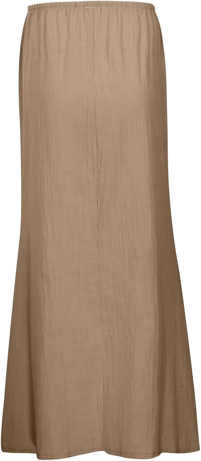 Linen Maxi Skirts for Women Summer Drawstring Waist A Line Skirts Cute Vacation Boho Beach Long Flowy Skirts